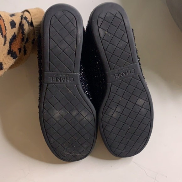 CHANEL CC BLACK METALLIC Shimmer tweed lace-up sneakers women’s size 37 shoes - Picture 7 of 14